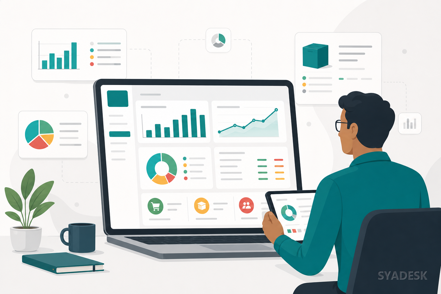 Dashboard illustration with charts and reporting panels