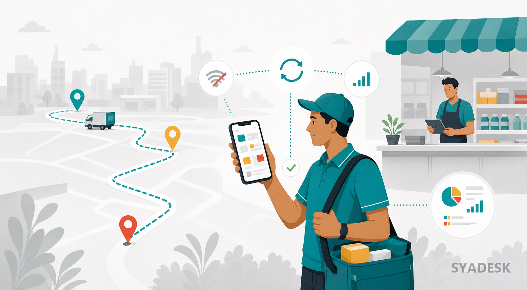 Mobile business team illustration with connected users